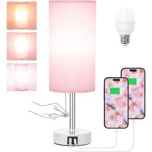 Nightstand Lamp with 3 Color Modes - Pink Lamp for Bedroom with USB-C USB-A